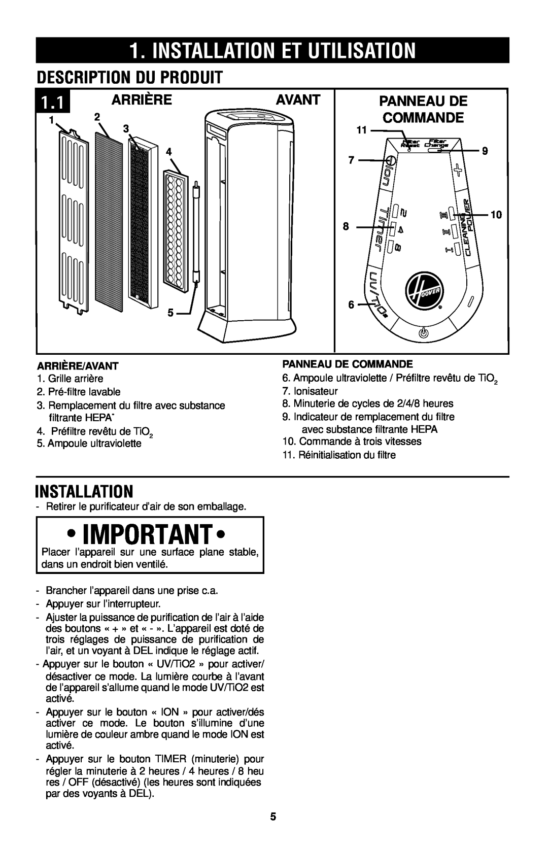 Hoover Air Cleaner owner manual Installation Et Utilisation, Description Du Produit, Arrière, Panneau De, Commande, Avant 