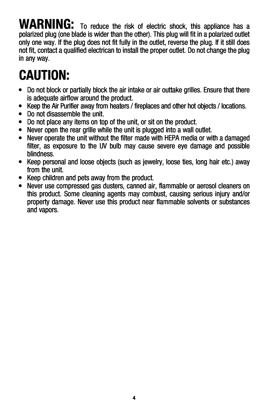 Hoover Air Cleaner owner manual Do not disassemble the unit 