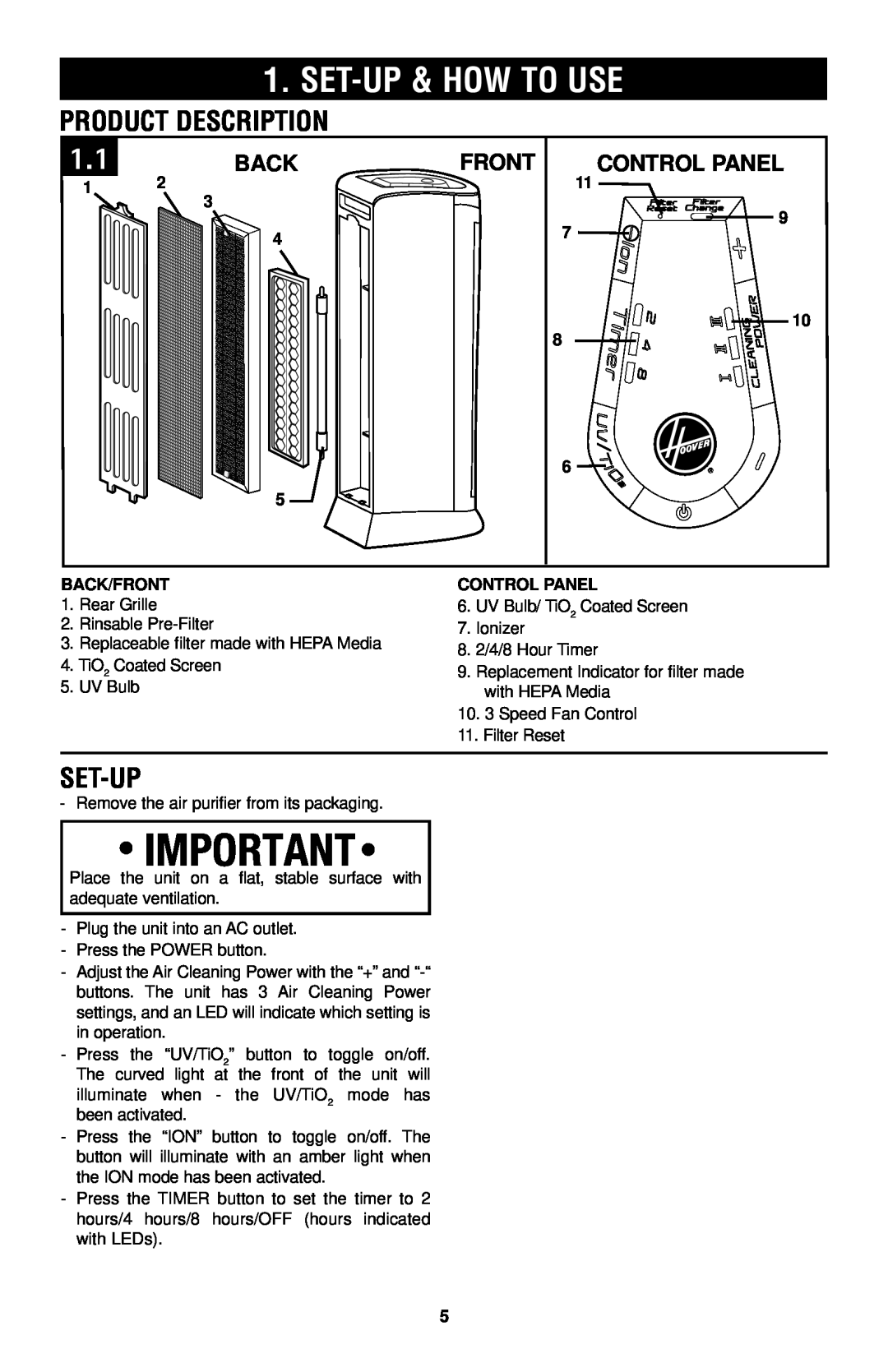 Hoover Air Cleaner owner manual Set-Up& How To Use, Product Description, Set-up, Control Panel, Back/Front 