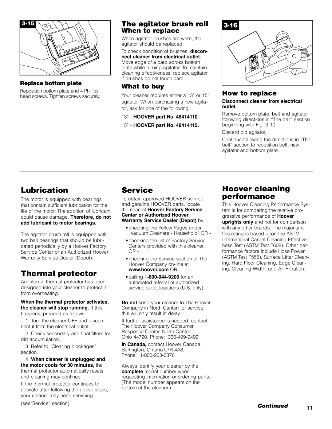 Hoover Bagged Tempo Upright Vacuum Cleaner owner manual If you have a, Lubrication, Thermal protector, Service 