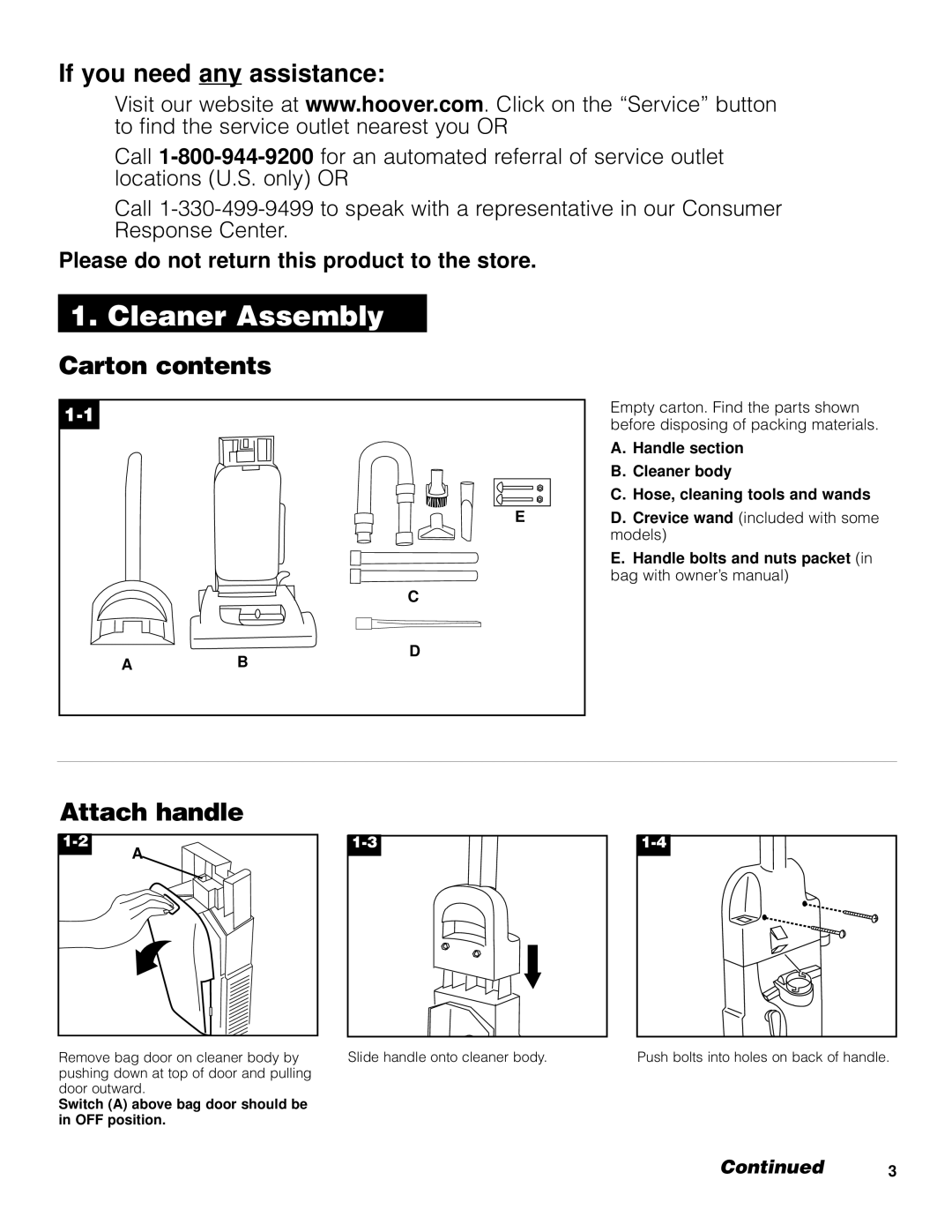 Hoover Bagged Tempo Upright Vacuum Cleaner Cleaner Assembly, If you need any assistance, Carton contents, Attach handle 