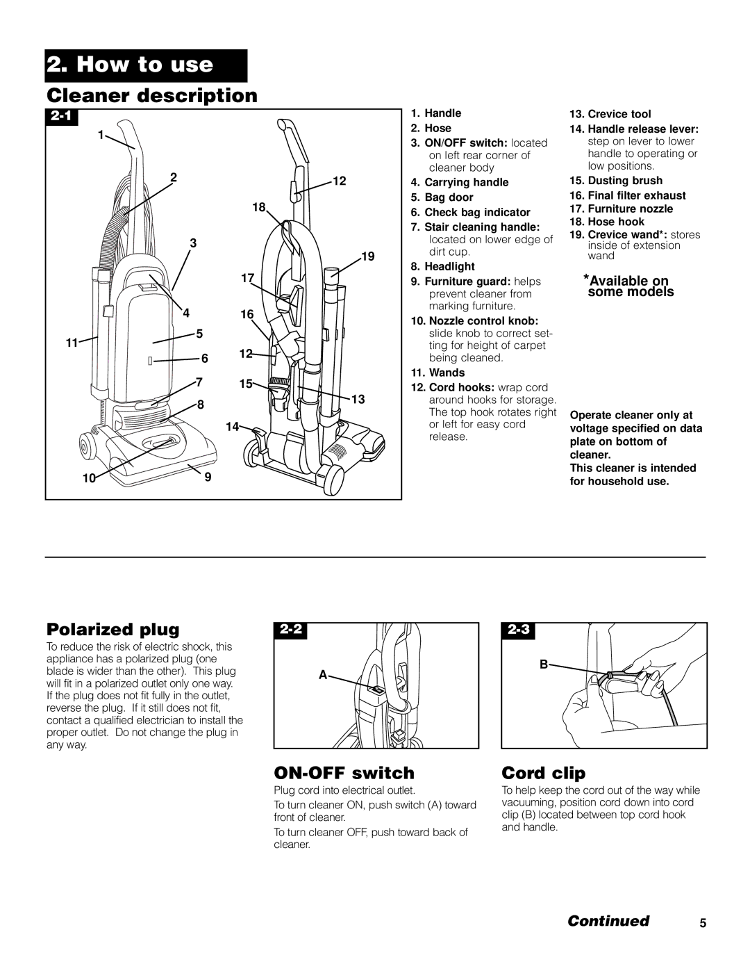 Hoover Bagged Tempo Upright Vacuum Cleaner How to use, Cleaner description, Polarized plug, ON-OFF switch, Cord clip 