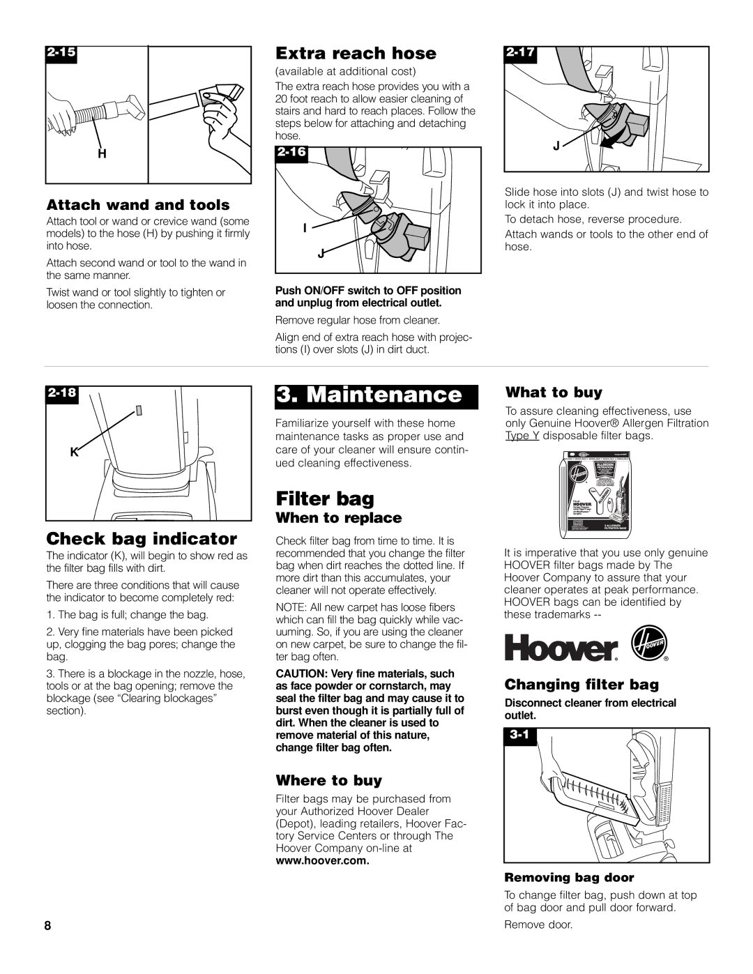 Hoover Bagged Tempo Upright Vacuum Cleaner owner manual Maintenance, Filter bag, Extra reach hose, Check bag indicator 