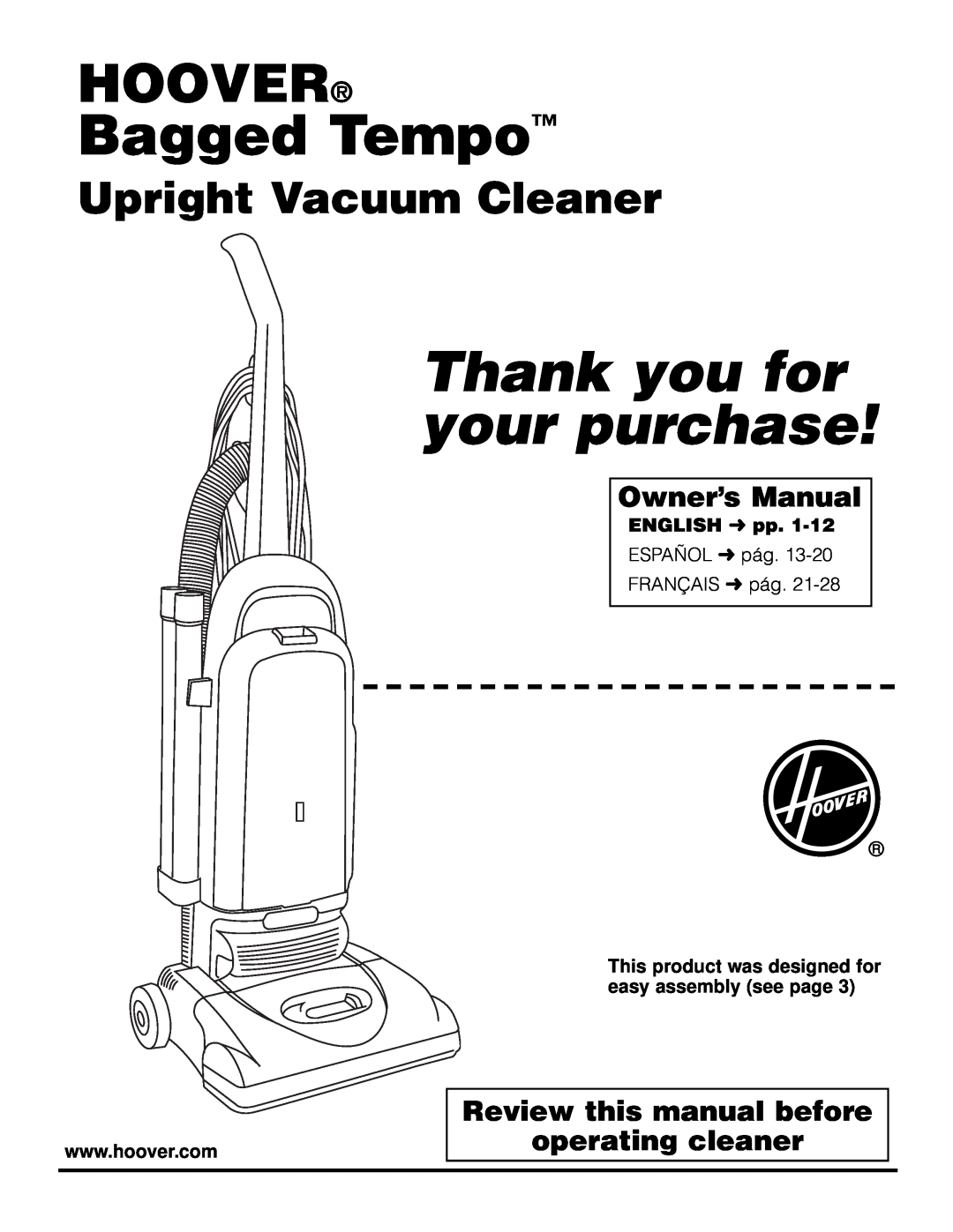 Hoover Bagged Tempo Upright Vacuum Cleaner owner manual Owner’s Manual, Review this manual before operating cleaner 