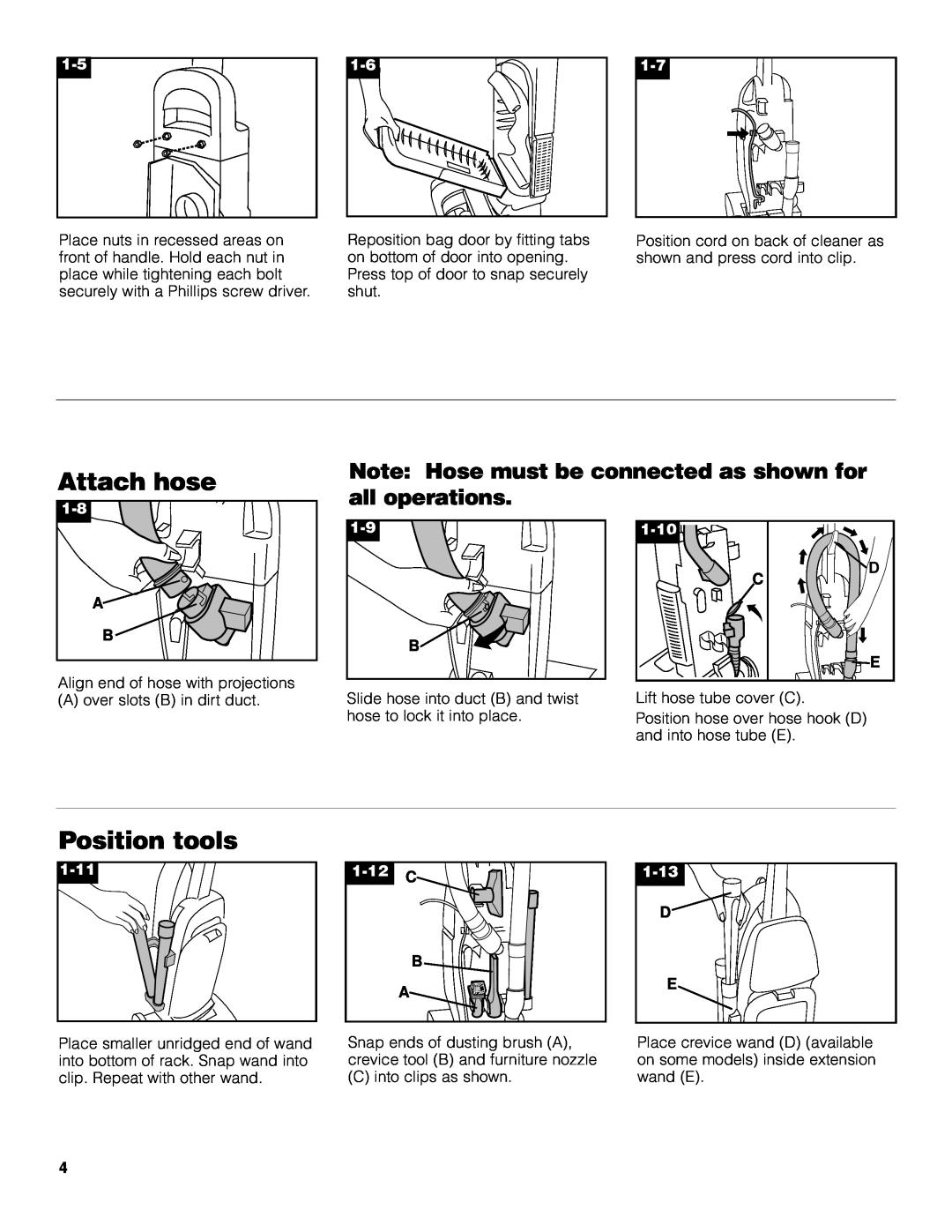 Hoover Bagged Tempo Upright Vacuum Cleaner owner manual Attach hose, Position tools, 1-10, D C E, 1-11, 1-12 C, 1-13 
