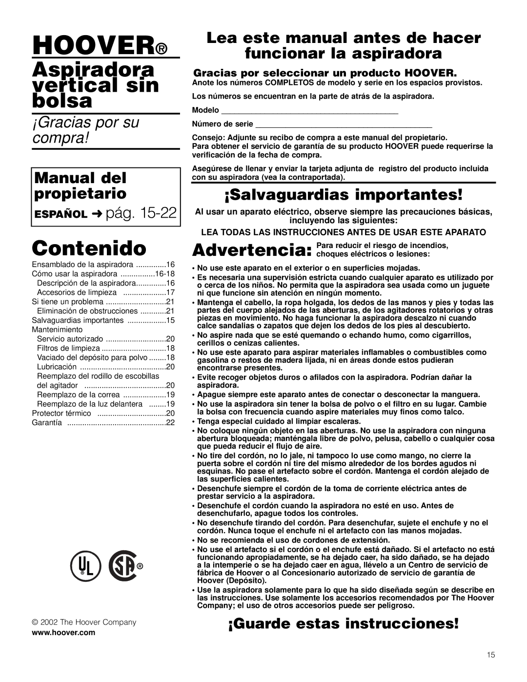 Hoover Bagless Upright Vacuum Cleaner Manual del propietario, Lea este manual antes de hacer Funcionar la aspiradora 