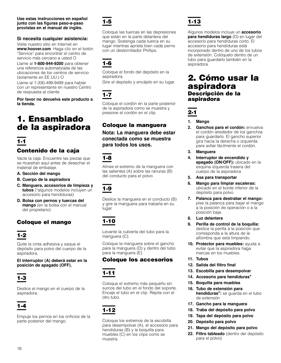 Hoover Bagless Upright Vacuum Cleaner owner manual Ensamblado de la aspiradora, Cómo usar la aspiradora 