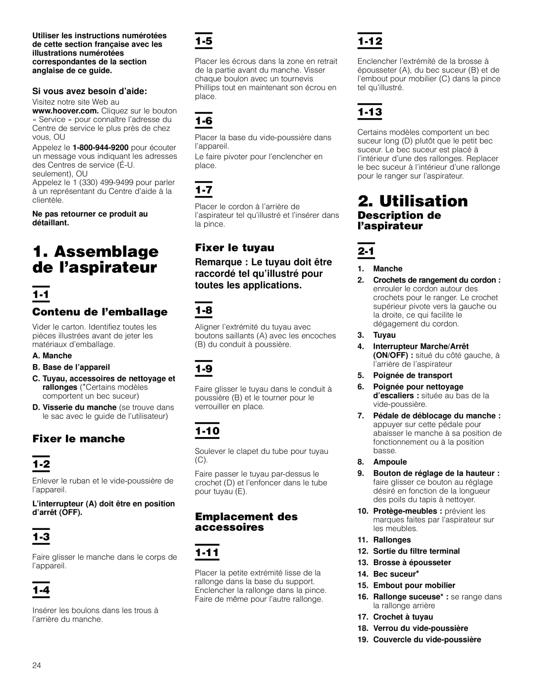 Hoover Bagless Upright Vacuum Cleaner owner manual Utilisation, Assemblage de l’aspirateur 