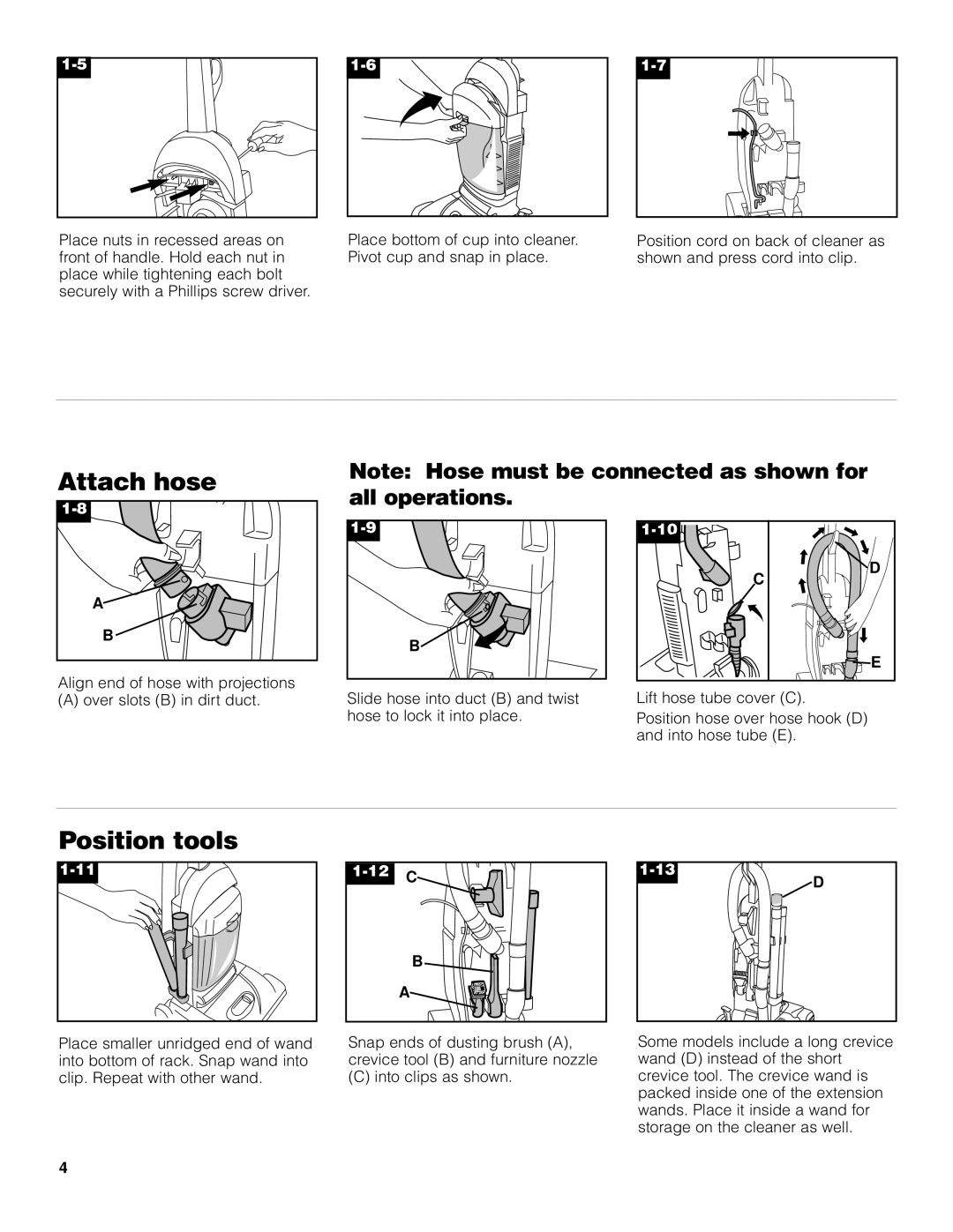 Hoover Bagless Upright Vacuum Cleaner owner manual Attach hose, Position tools 