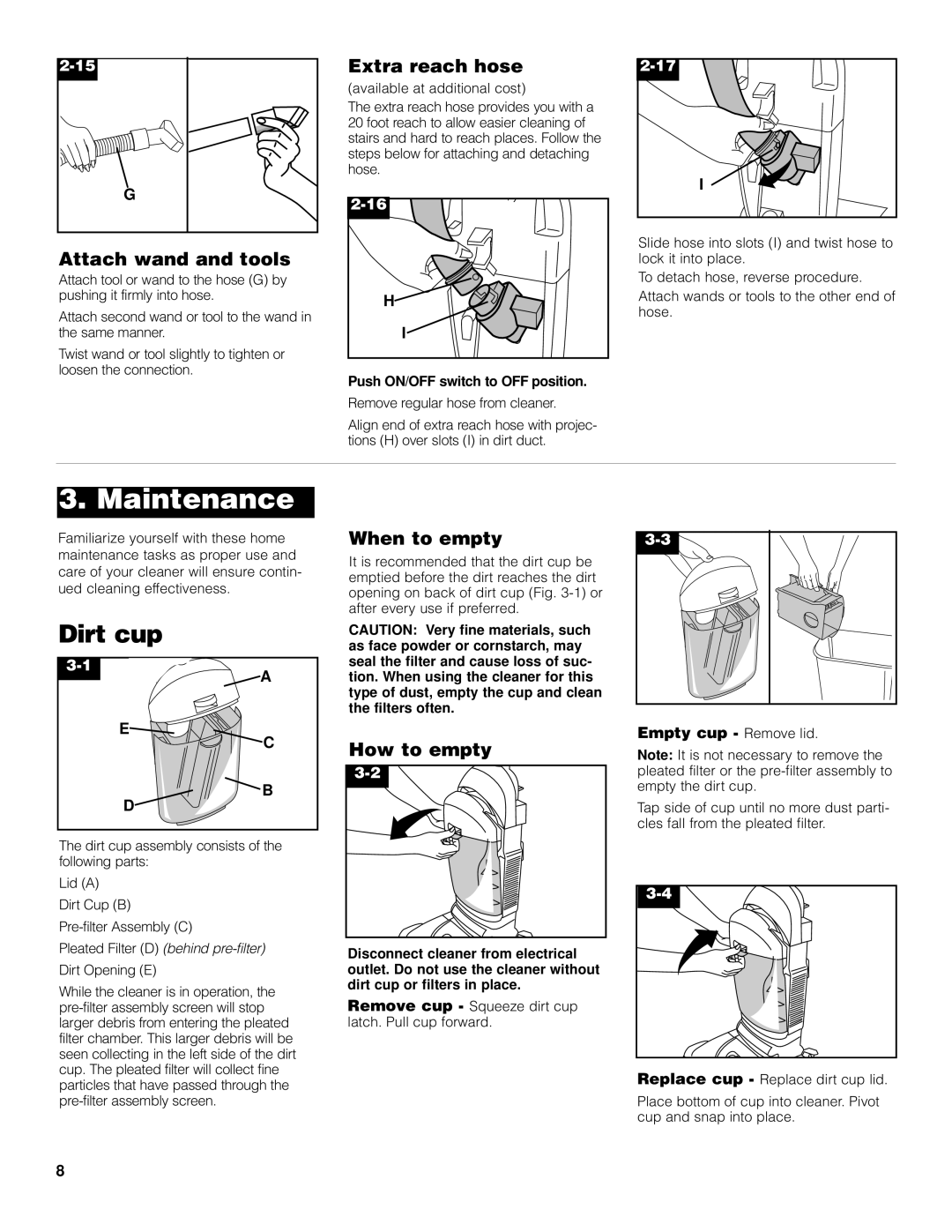 Hoover Bagless Upright Vacuum Cleaner owner manual Maintenance, Dirt cup 