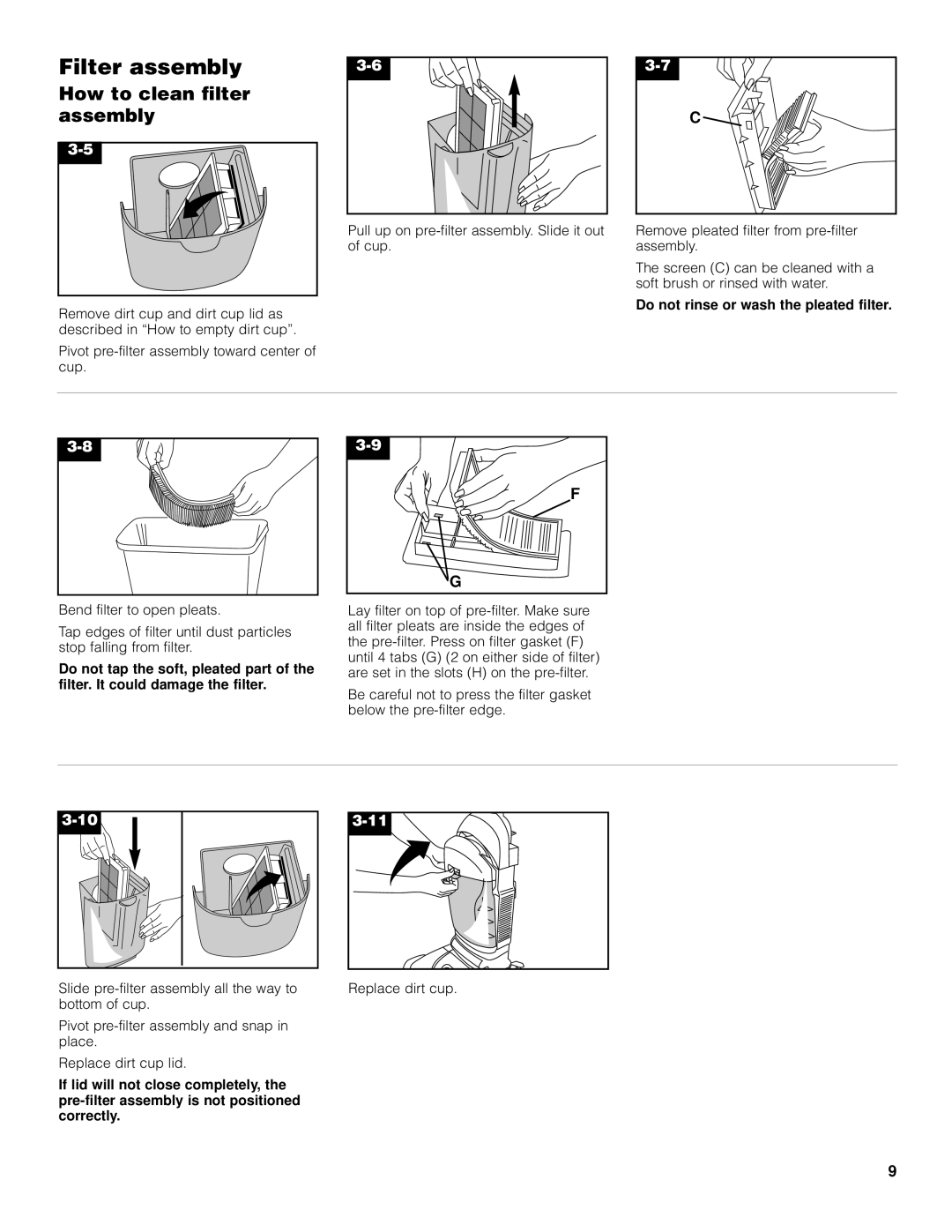 Hoover Bagless Upright Vacuum Cleaner owner manual Filter assembly, How to clean filter assembly 