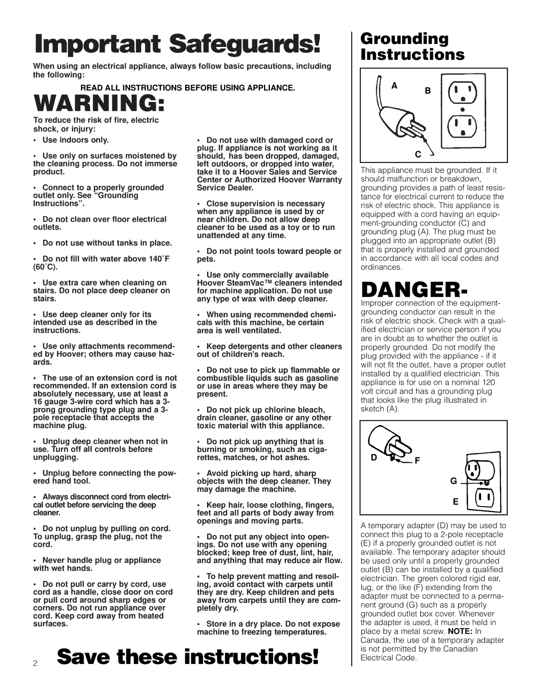 Hoover Bagless Vacuum Cleaner manual Important Safeguards, Grounding Instructions 