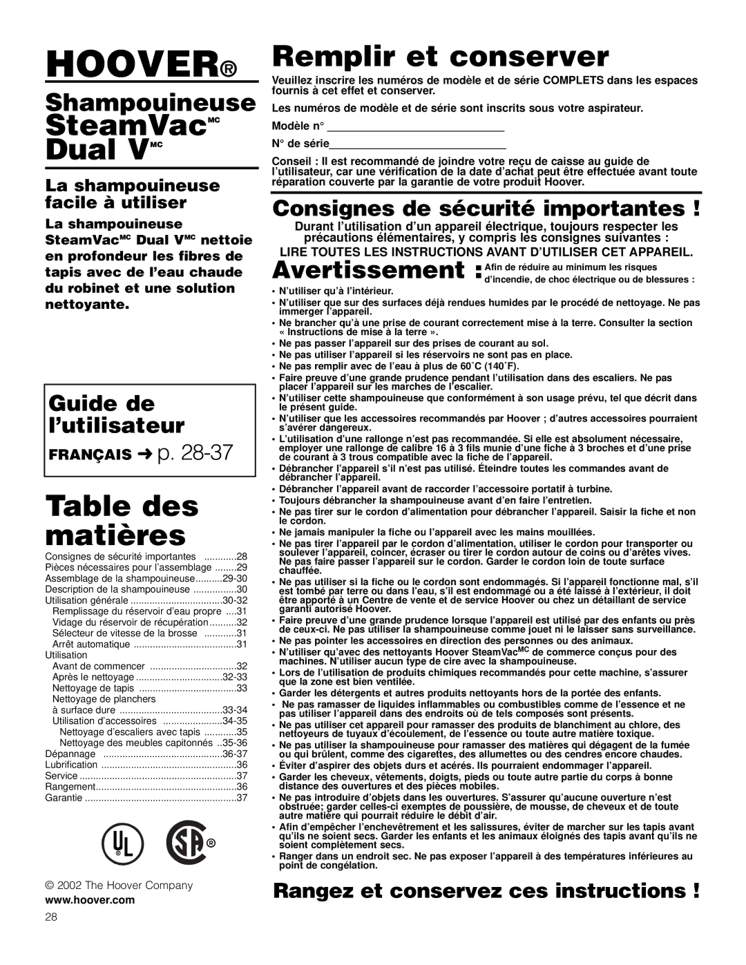 Hoover Bagless Vacuum Cleaner Guide de ’utilisateur, Consignes de sécurité importantes, La shampouineuse facile à utiliser 