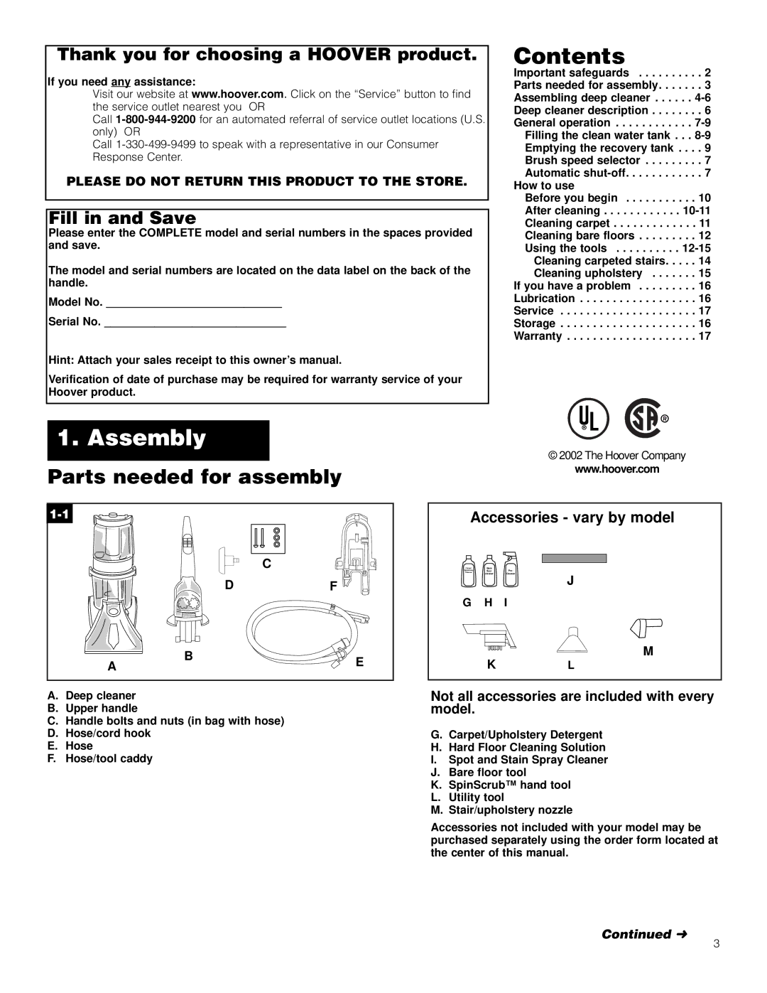 Hoover Bagless Vacuum Cleaner manual Contents, Assembly 