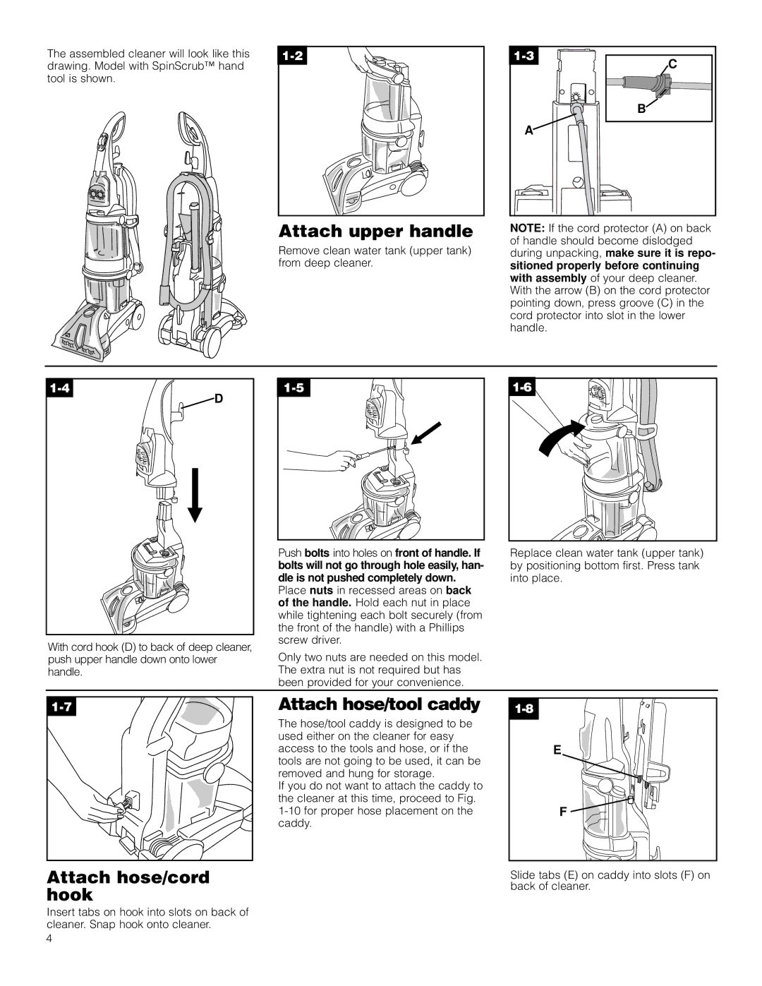 Hoover Bagless Vacuum Cleaner manual Attach upper handle, Attach hose/cord hook, Attach hose/tool caddy 