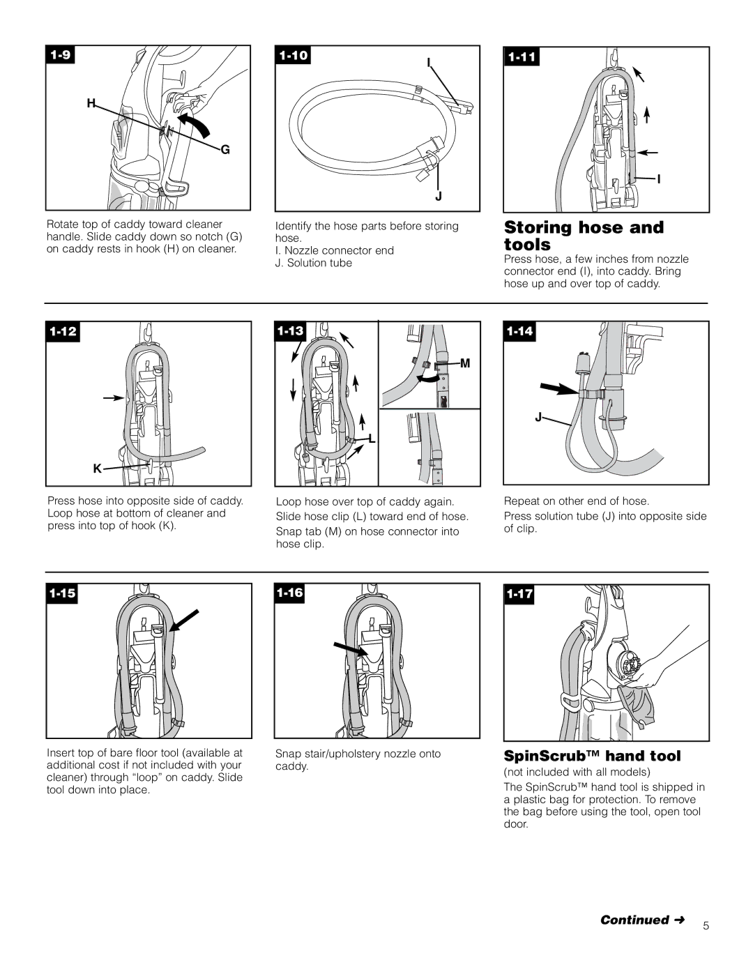 Hoover Bagless Vacuum Cleaner manual Storing hose and tools, SpinScrub hand tool 