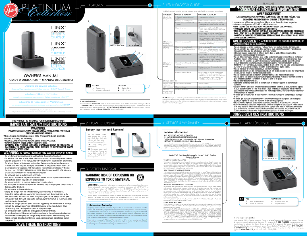 Hoover Battery Charger owner manual Certaines consignes de sécurité, dont les suivantes, La pile, Charger cord 