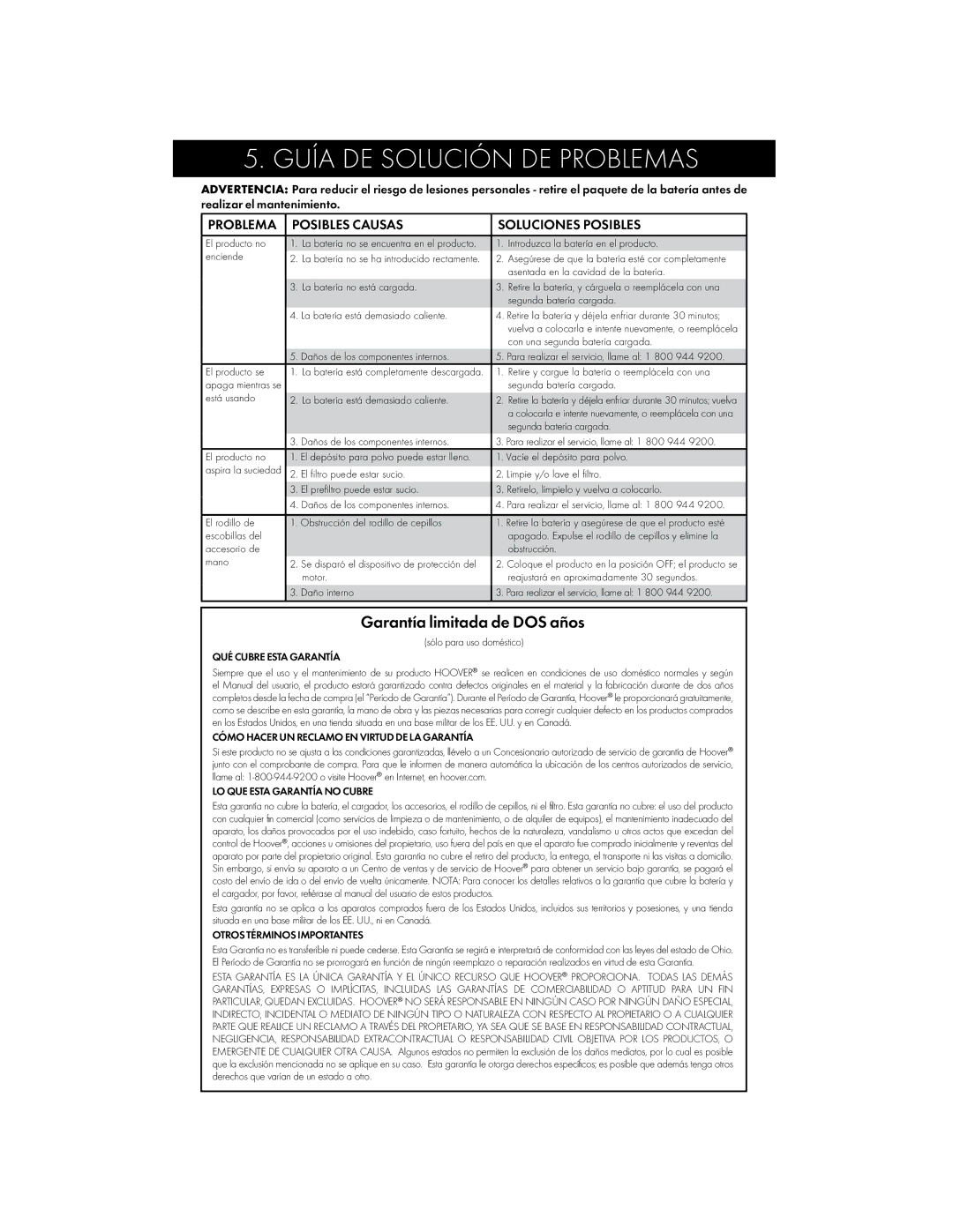 Hoover BH50035, BH50030, BH50015 owner manual Guía DE Solución DE Problemas, Problema Posibles Causas Soluciones Posibles 