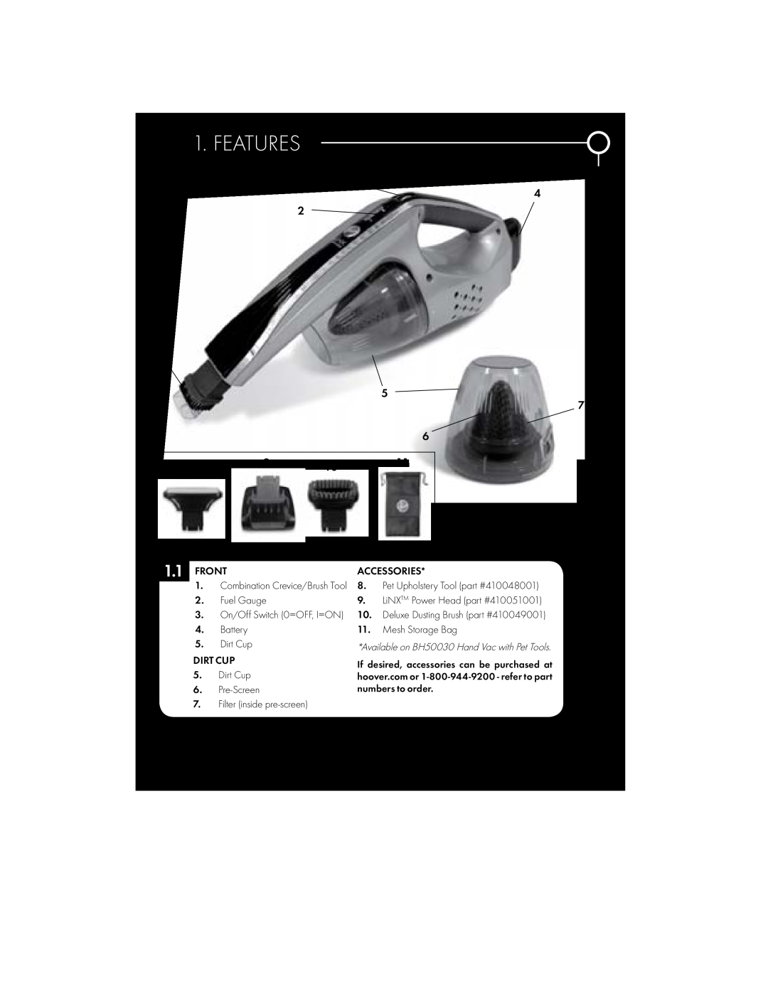 Hoover BH50035, BH50015 owner manual Features, Available on BH50030 Hand Vac with Pet Tools 