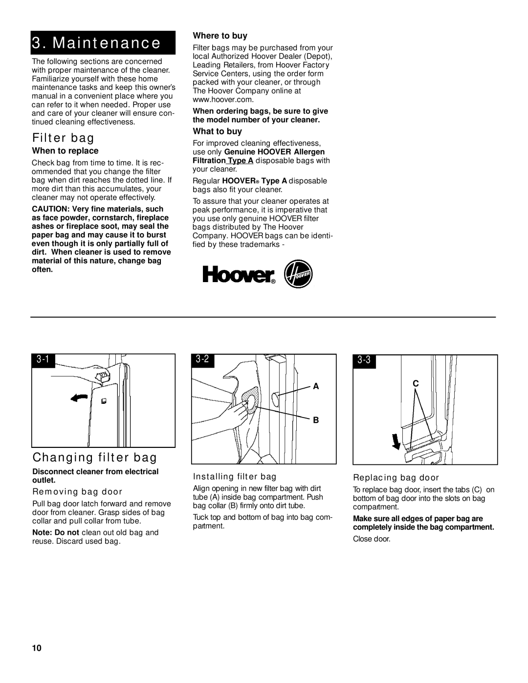 Hoover Breathe Easy owner manual Maintenance, Filter bag, Changing filter bag 