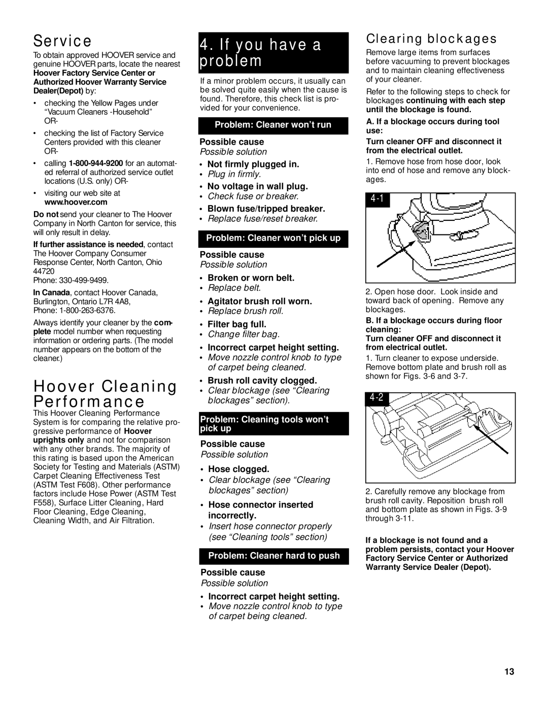 Hoover Breathe Easy owner manual Service, Hoover Cleaning Performance, If you have a problem, Clearing blockages 