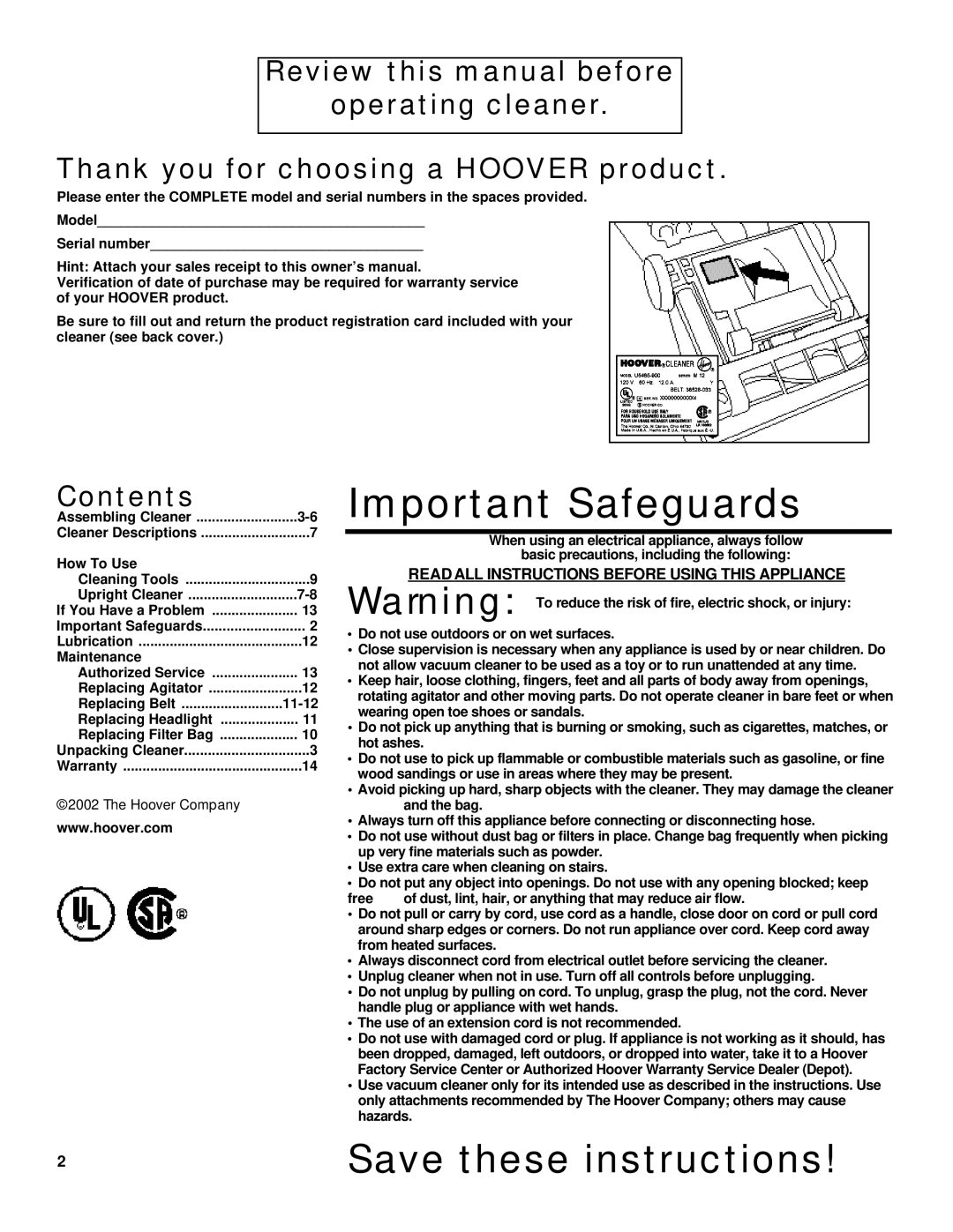 Hoover Breathe Easy owner manual P o rtant Safeguard s, Contents 