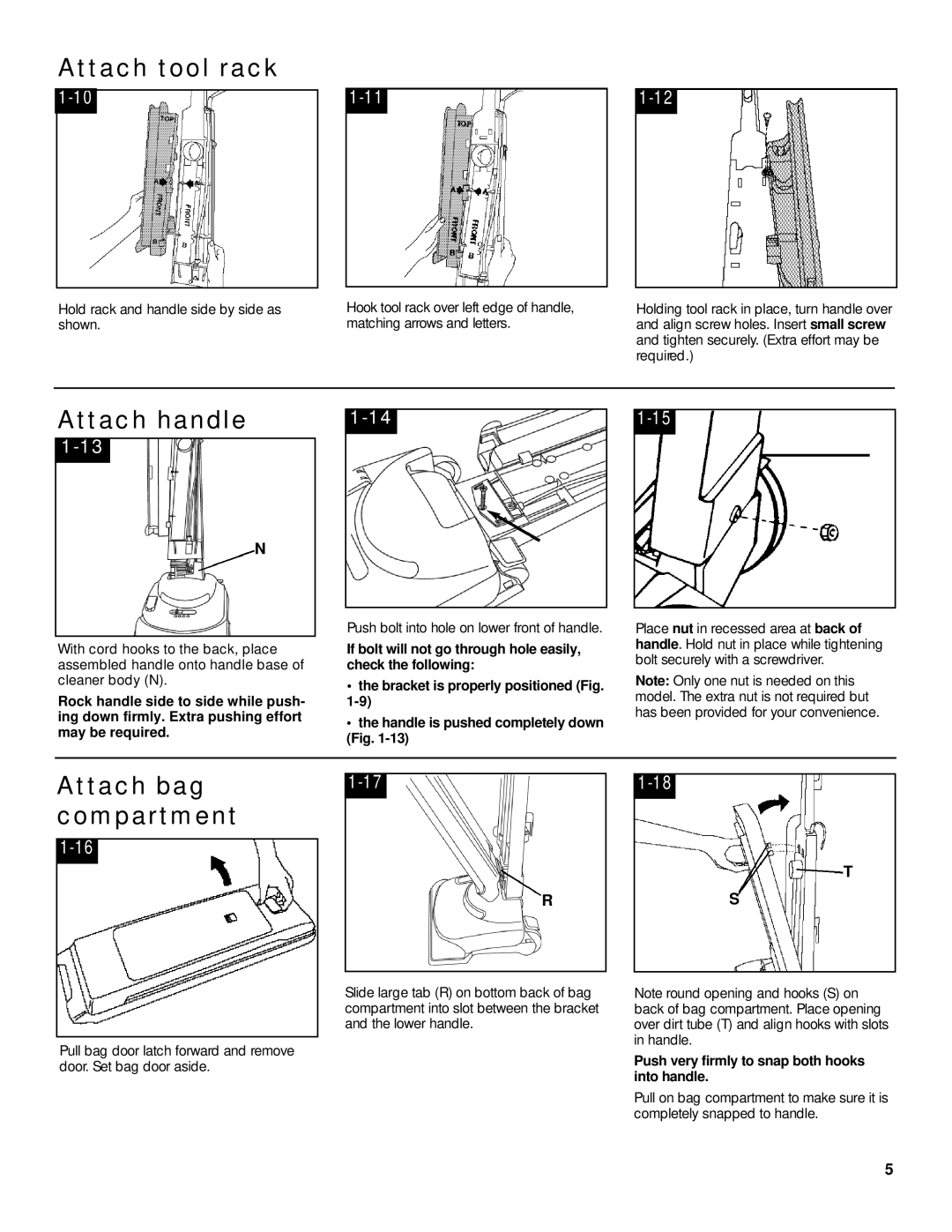 Hoover Breathe Easy owner manual Attach tool rack, Attach bag Compartment, Push very firmly to snap both hooks into handle 