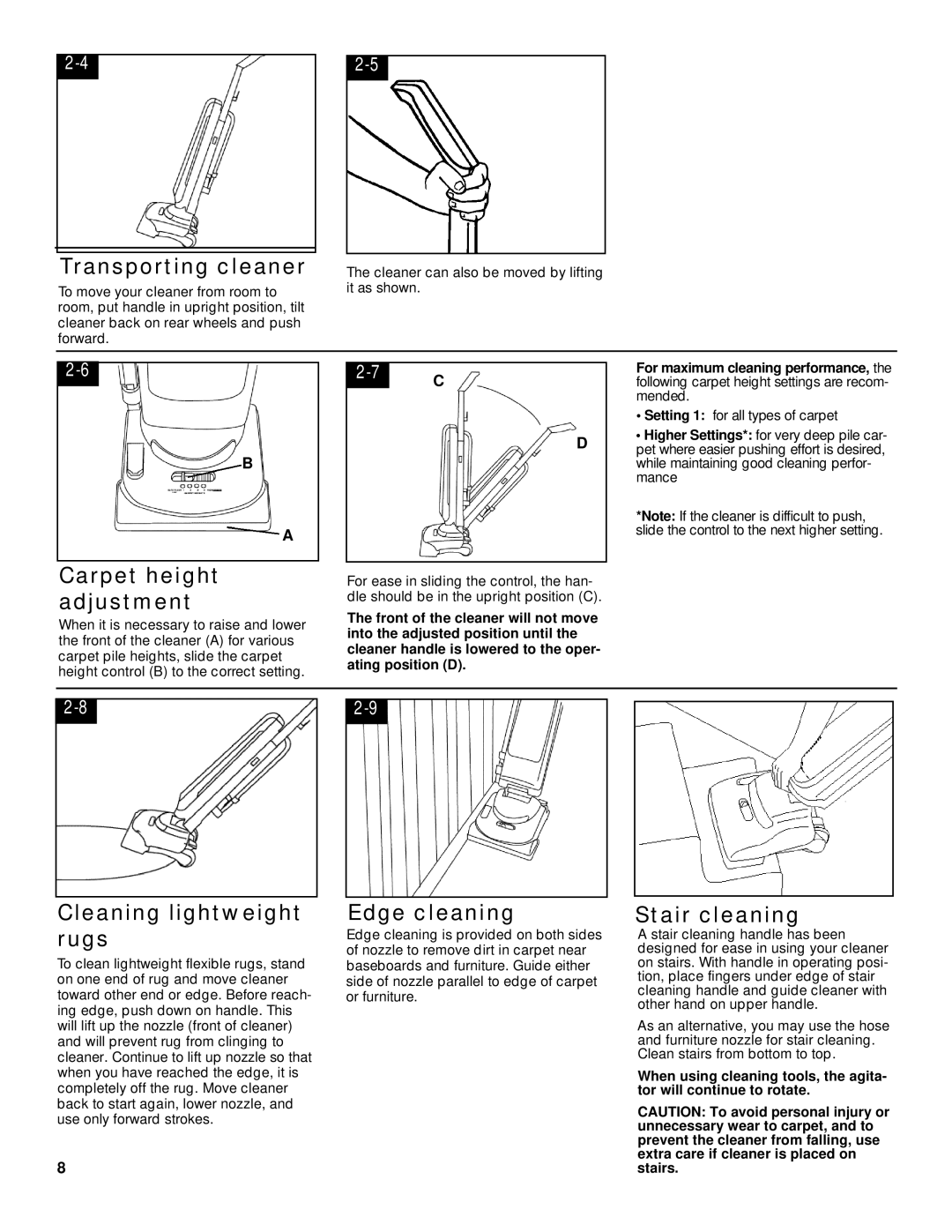 Hoover Breathe Easy owner manual Transporting cleaner, Carpet height, Adjustment, Cleaning lightweight rugs, Edge cleaning 