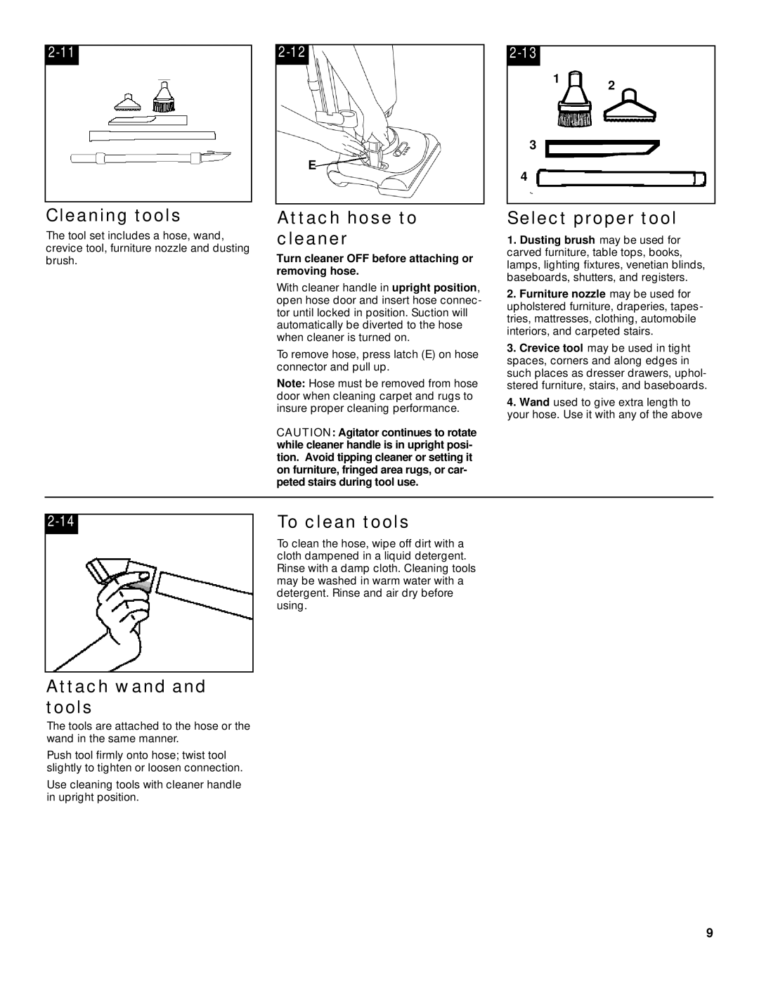 Hoover Breathe Easy Cleaning tools, Attach hose to cleaner, Select proper tool, 14To clean tools, Attach wand and tools 
