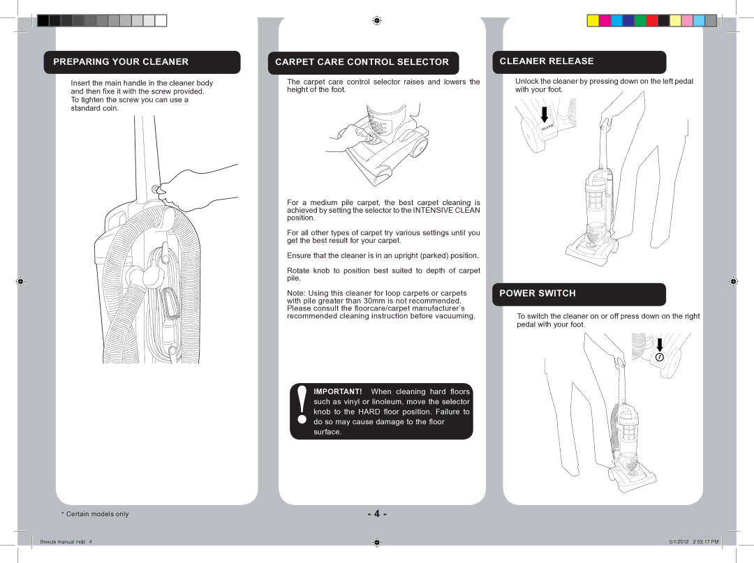 Hoover Breeze, Vacuum Cleaner manual Preparing Your Cleaner, Carpet Care Control Selector, Cleaner Release, Power Switch 