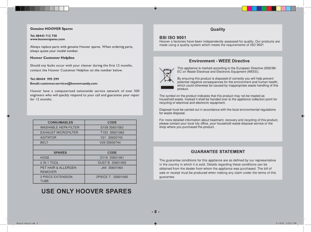 Hoover Breeze, Vacuum Cleaner manual USE only Hoover Spares 