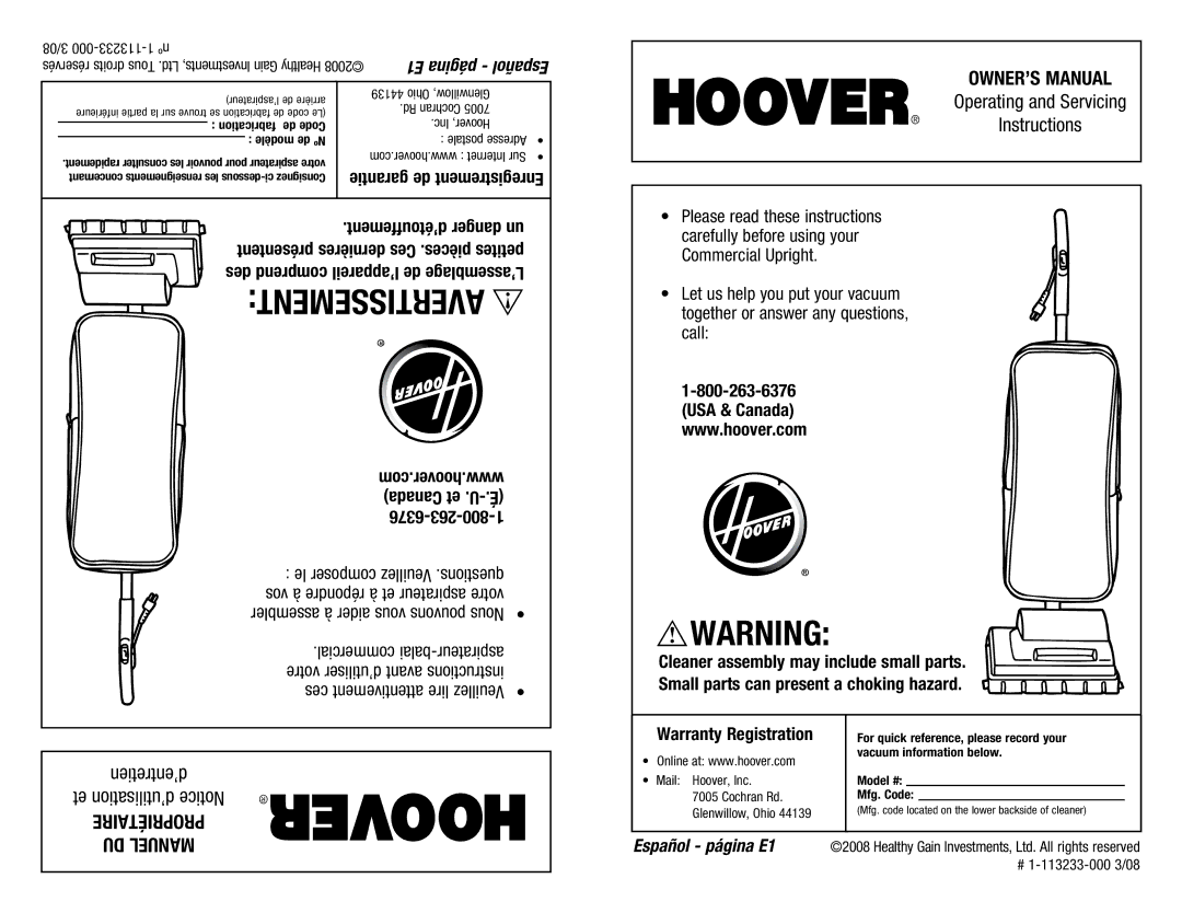 Hoover C1320 owner manual Modèle de Nº, Postale Adresse, For quick reference, please record your, Vacuum information below 
