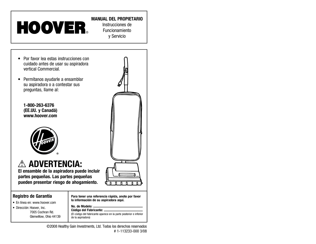 Hoover C1320 owner manual Advertencia, Manual DEL Propietario 