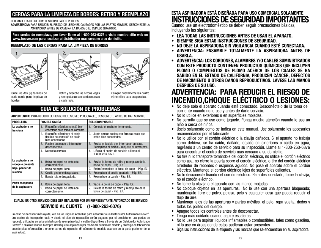 Hoover C1320 owner manual Instrucciones DE Seguridad Importantes, Guia DE Solución DE Problemas 