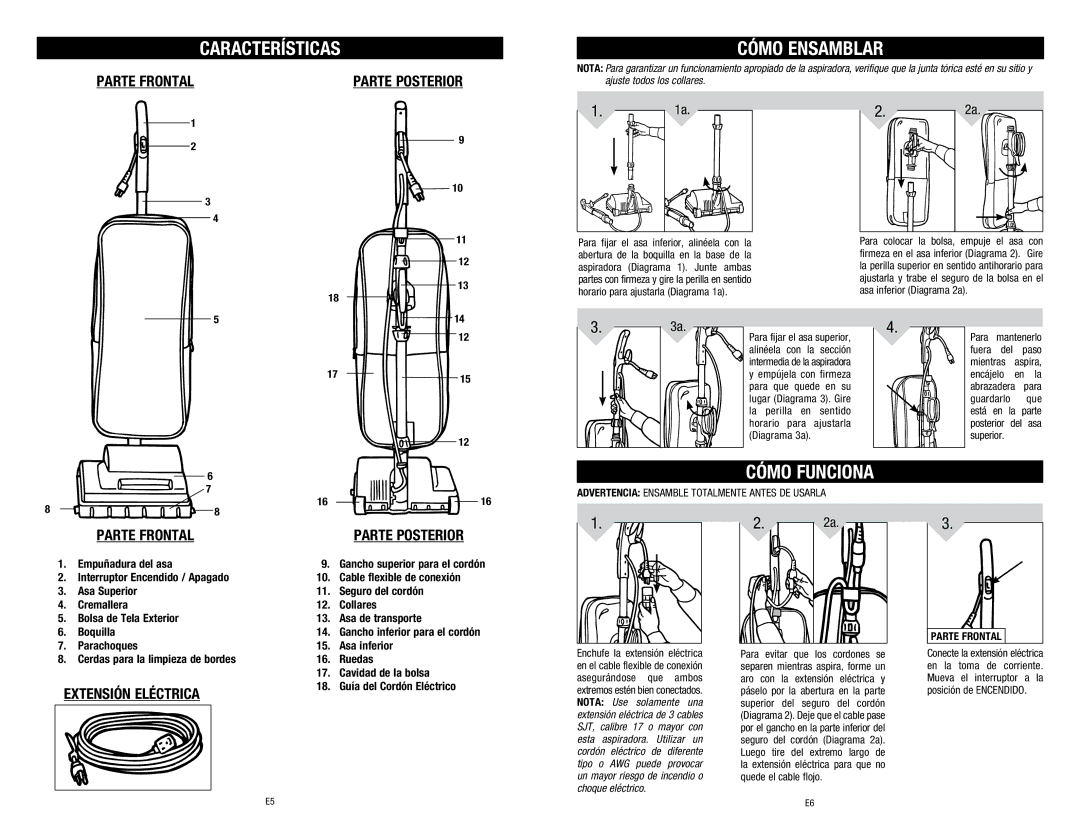 Hoover C1320 owner manual Características Cómo Ensamblar, Cómo Funciona, Parte Frontal Parte Posterior, Extensión Eléctrica 