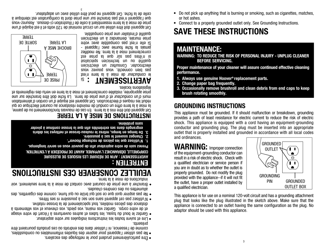 Hoover C1320 owner manual Avertissement, Grounding Instructions, Nstructions 