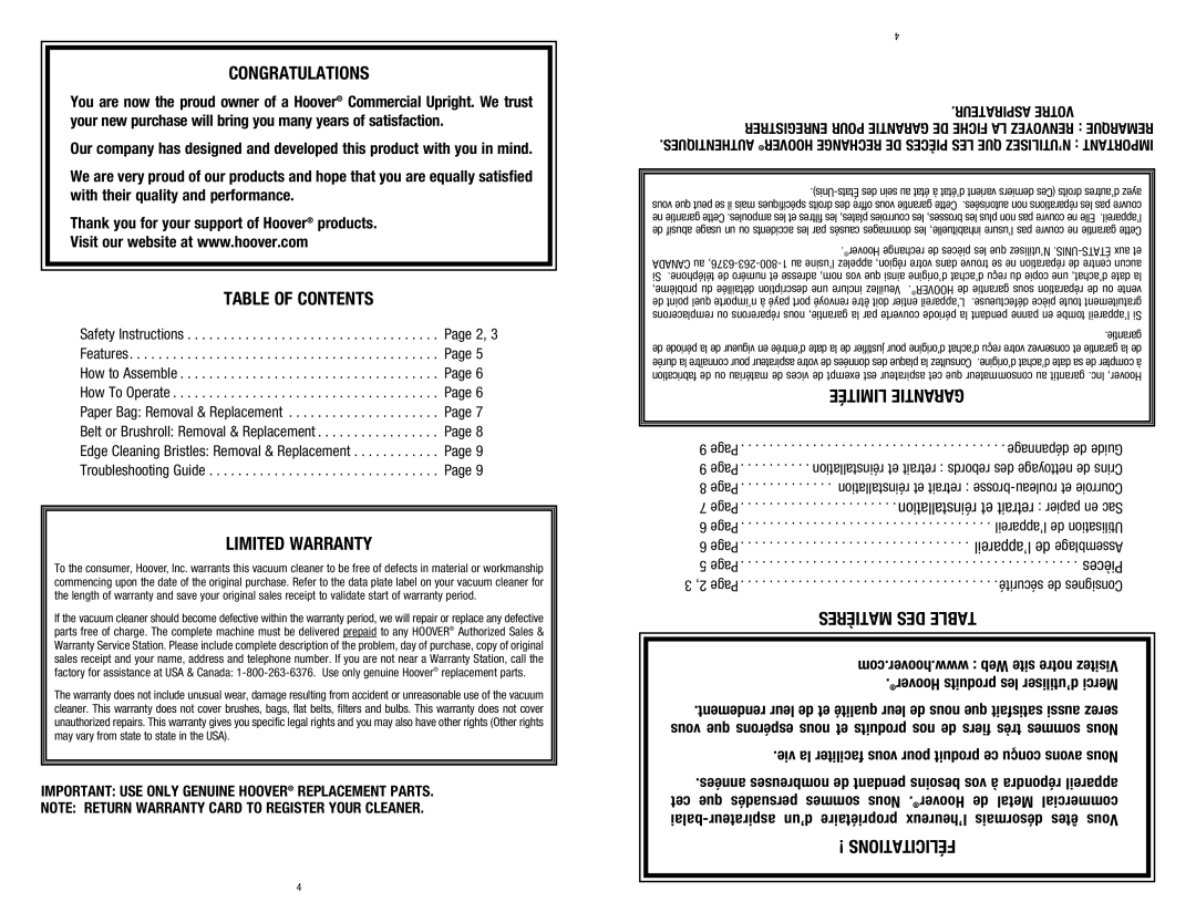 Hoover C1320 owner manual Congratulations, Table of Contents, Limited Warranty 