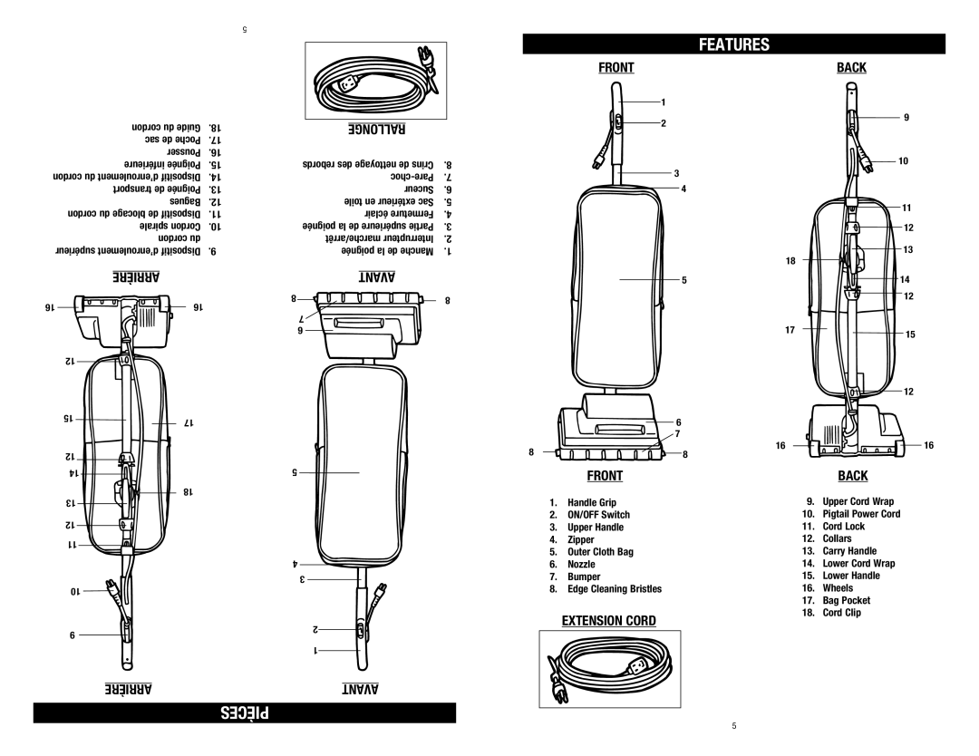 Hoover C1320 owner manual Features, Pièces, Front Back Arrière Avant, Extension Cord 