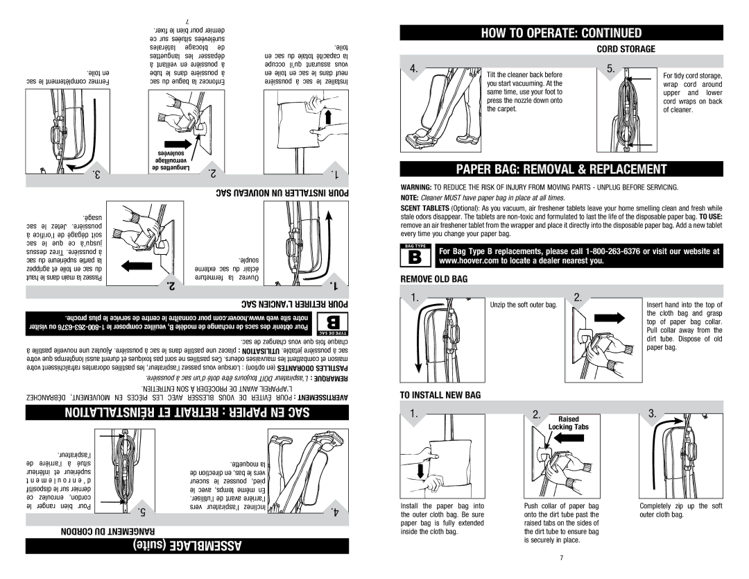 Hoover C1320 Paper BAG Removal & Replacement, Réinstallation ET Retrait Papier EN SAC, Remove Old Bag, Rangement Cordondu 