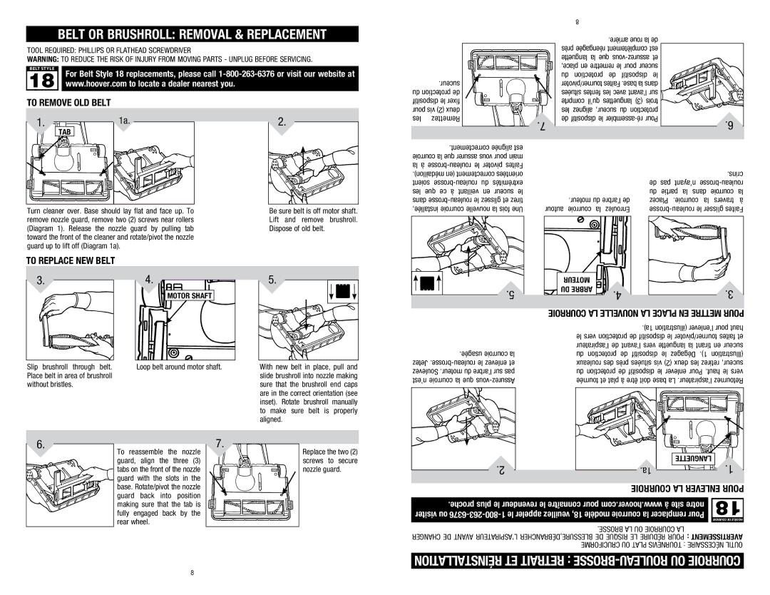 Hoover C1320 owner manual Belt or Brushroll Removal & Replacement 