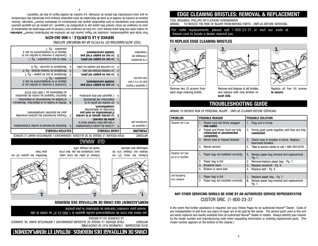 Hoover C1320 owner manual Troubleshooting Guide, Edge Cleaning Bristles Removal & Replacement, Dépannage DE Guide 