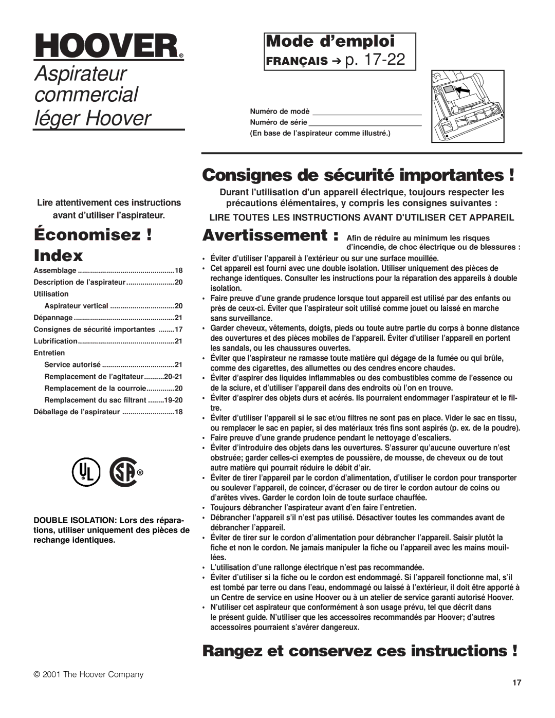 Hoover C1404 Économisez Index, Mode d’emploi, Français p, Lire Toutes LES Instructions Avant Dutiliser CET Appareil 