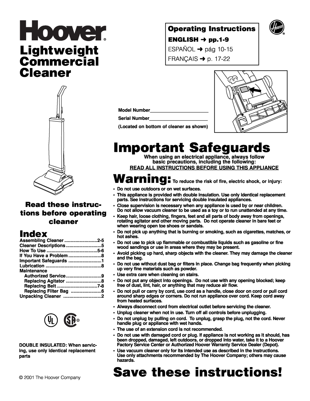 Hoover C1404 warranty Index, Read these instruc tions before operating cleaner, Operating Instructions, ENGLISH pp.1-9 