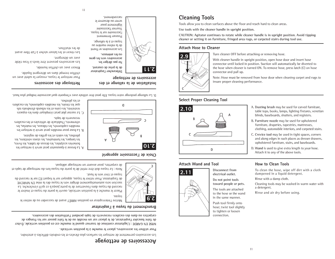 Hoover C1414900 owner manual Cleaning Tools, 11.2, 10.2 