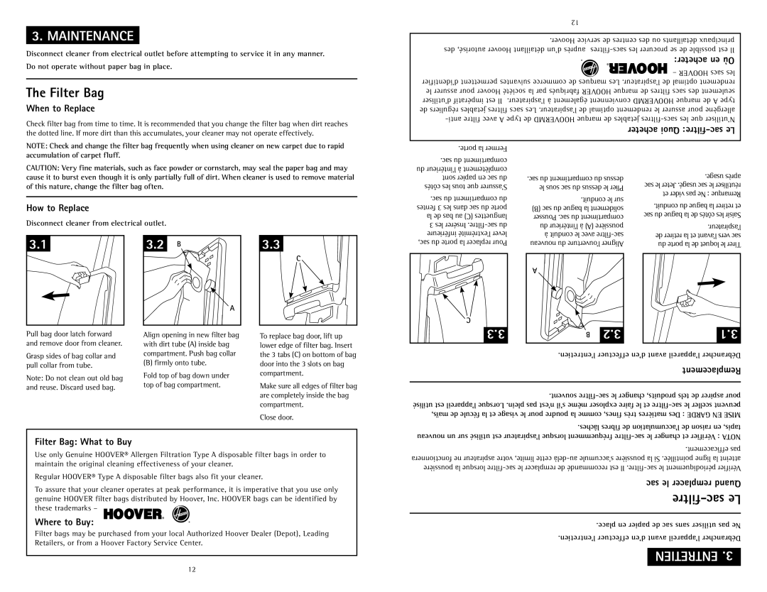 Hoover C1414900 owner manual Maintenance, Filter Bag 