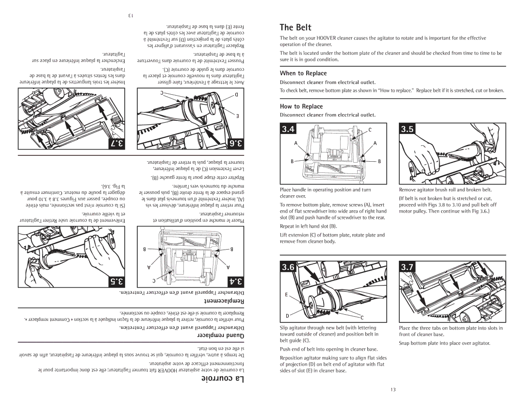 Hoover C1414900 owner manual Belt, Courroie La 