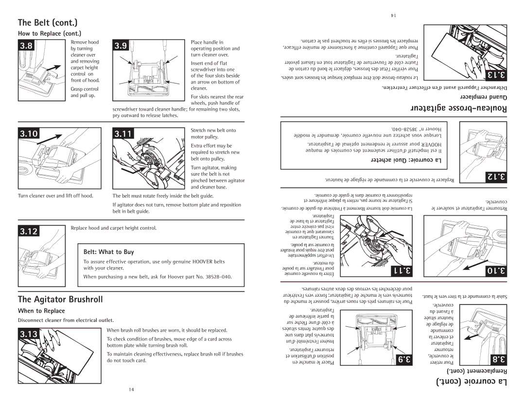 Hoover C1414900 owner manual 13.3, Agitator Brushroll, 11.3 10.3, Agitateur brosse-Rouleau, Courroie La 