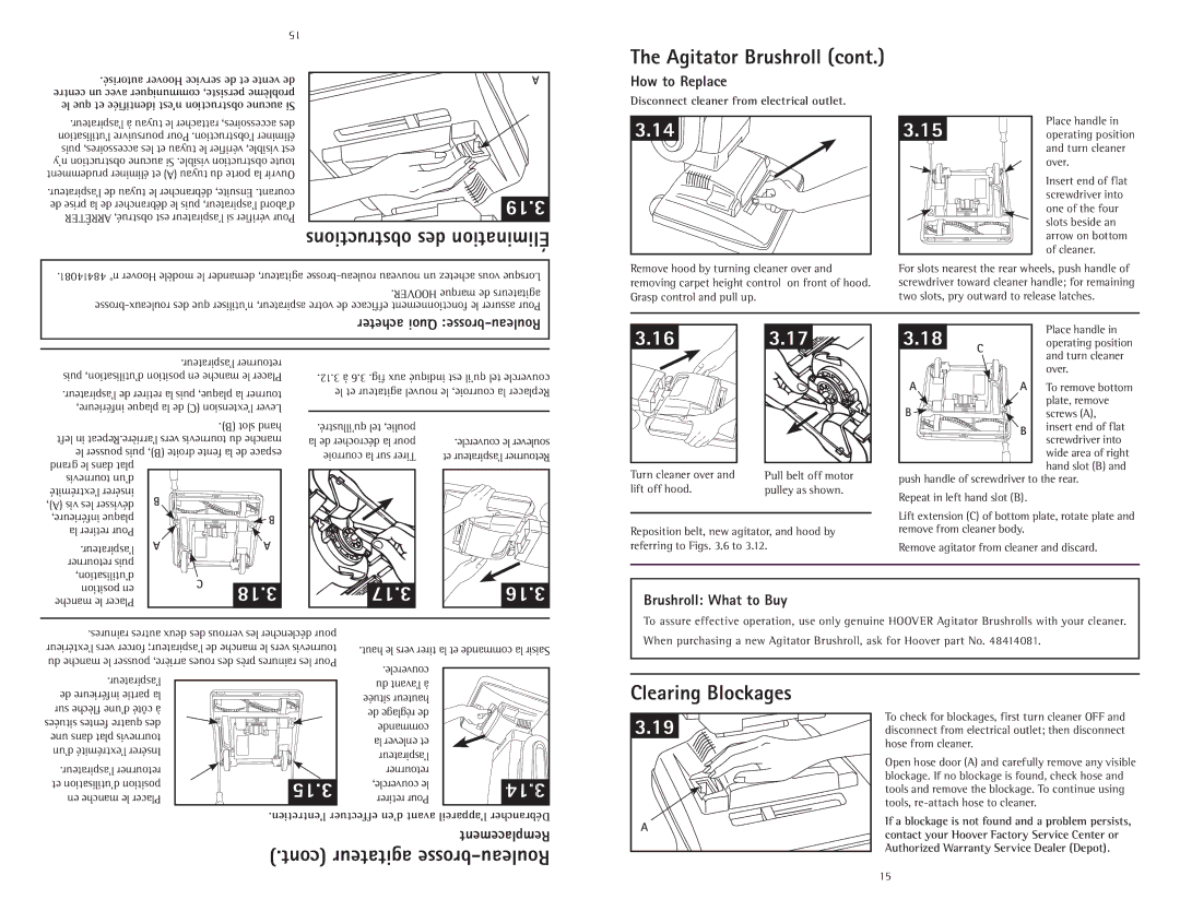 Hoover C1414900 owner manual 18.3 17.3 16.3, 15.3, 14.3, Clearing Blockages, Obstructions des Élimination 