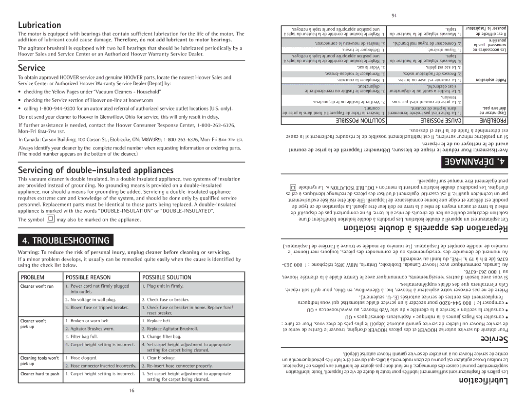 Hoover C1414900 owner manual Lubrication, Service, Servicing of double-insulated appliances, Troubleshooting, Lubrification 