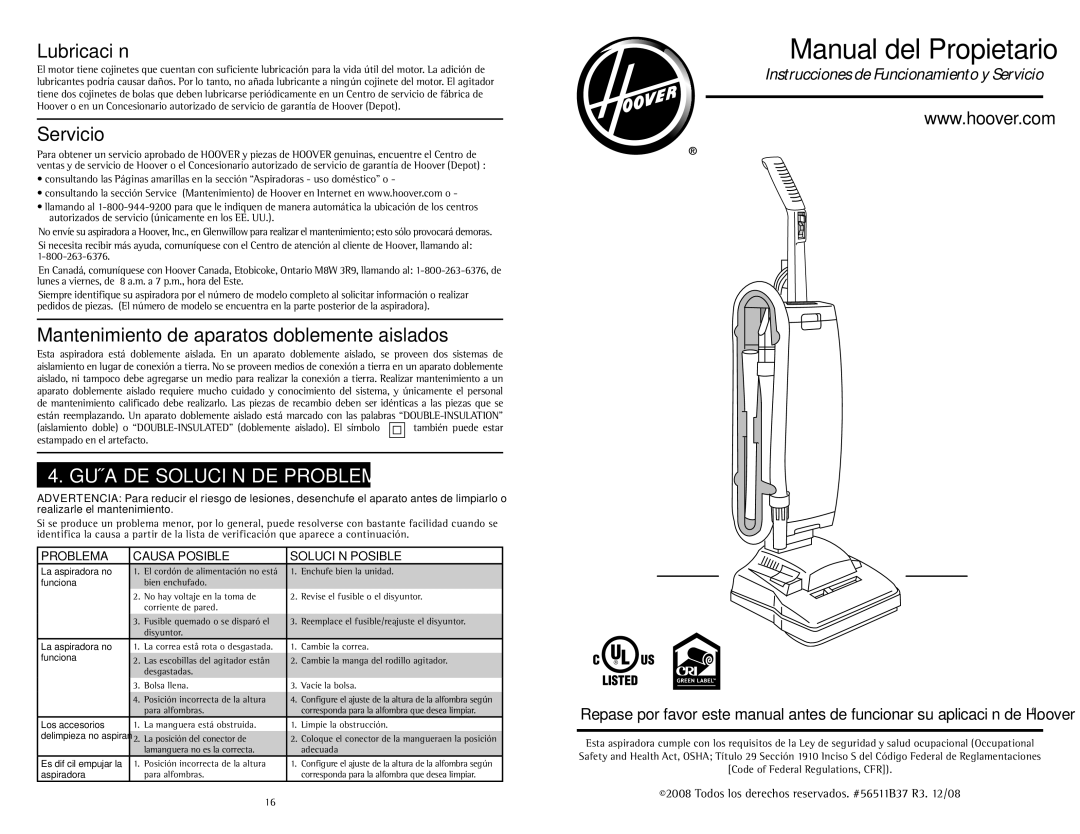 Hoover C1414900 Lubricación, Servicio, Mantenimiento de aparatos doblemente aislados, Guía DE Solución DE Problemas 